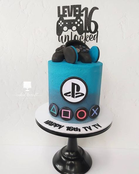 Caked & Craft • Nottingham en Instagram: “Level 16 Unlocked 🎮💙 . . #playstation #ps4cake #playstationcake #gamercake #gamingcake #gamingcommunity #ps5 #nottinghamcakes…” Gamer Birthday Cake, Ps4 Cake, Playstation Cake, Birth Cakes, 12th Birthday Cake, Buttercream Cake Designs, Teen Cakes, 13 Birthday Cake, Video Games Birthday Party