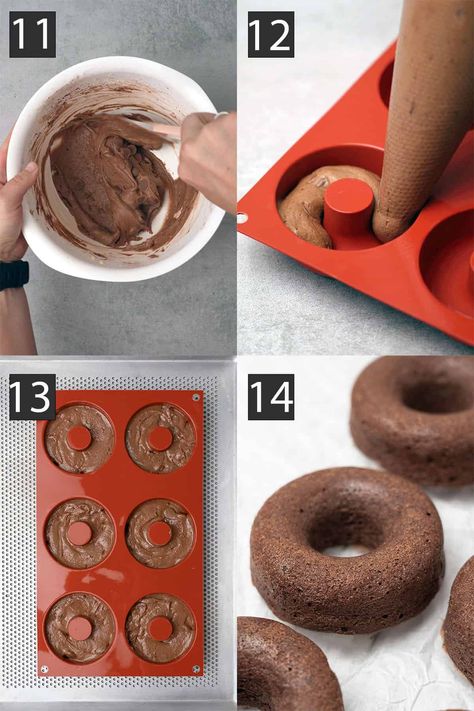 Collage of four images about the donuts process. Mixing ingredients and piping the cream into a silicone mould evenly. On the last image the baked donuts are on a white baking paper. Donuts In Silicone Mold Recipe, Silicone Molds Recipes, Baking Moulds, Chocolate Donuts Baked, Donut Tray, Cake Mix Donuts, Baked Doughnut Recipes, Mini Doughnuts, Silicone Molds Baking