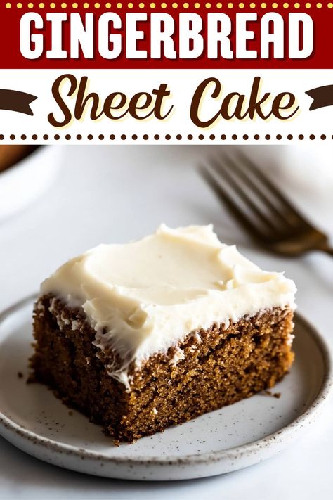 This gingerbread sheet cake has the perfect balance of spices and a tender, moist crumb. Add a yummy cream cheese frosting, and it's guaranteed to please. Spice Bars With Cream Cheese Frosting, Gingerbread Cake With Cream Cheese Frosting, Gingerbread Cake With Cream Cheese Icing, Gingerbread Cake Mix Recipes, Gingerbread Dessert Recipes, Easy Gingerbread Cake, Cake Pops Frosting, Gingerbread Dessert, Gingerbread Cake Recipe