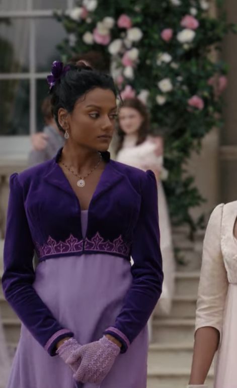 Kate Sharma Purple Dress, Bridgerton Fashion, Classic Costumes, Bridgerton Vibes, Bridgerton Season 2, Regency Dresses, Kate Sharma, Period Films, Simone Ashley