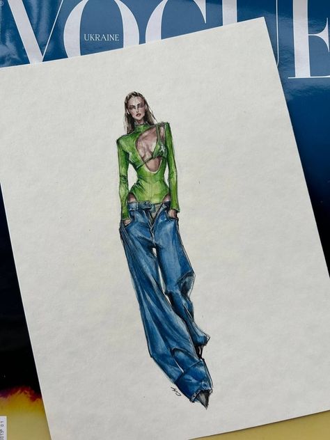 High Fashion Design Sketches, Modern Fashion Sketches, Illustration Fashion Design Sketches, Fashion Sketchbook Inspiration, Jeans Drawing, Fashion Model Sketch, Fashion Dream Job, Fashion Design Books, Fashion Illustration Collage