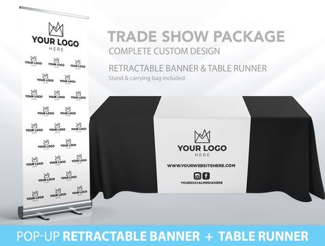 "Add a great touch to your event with our Retractable Banner and Table runner. Perfect for your next pop up shop! This is a great way to showcase your products and services. Easy to use for many events!   HOW TO ORDER  1. Choose your size from the dropdown menu  2. Add to your cart and checkout 3. Make sure to leave a note with all the information for us to customize your banner stand; Name, date, color, etc. (If you don't add colors we will keep them the same as our example) If you would like t Table Banner Design, Pop Up Table Display Ideas, Vendor Setup, Tradeshow Booth Design, Pop Up Stand, Standing Banner Design, Tradeshow Banner, Table Banner, Expo Ideas