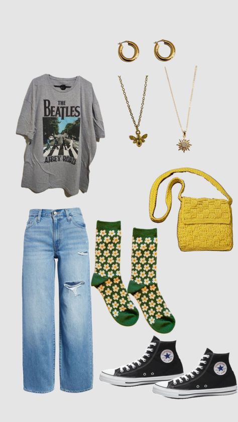 #outfitinspo #beatles #bees #yellow #converse #sun #aesthetic Yellow Converse Outfit, The Beatles Aesthetic, Beatles Outfit, Beatles Aesthetic, Beatles Fashion, Yellow Converse, Sun Aesthetic, Outfits With Converse, Real Style