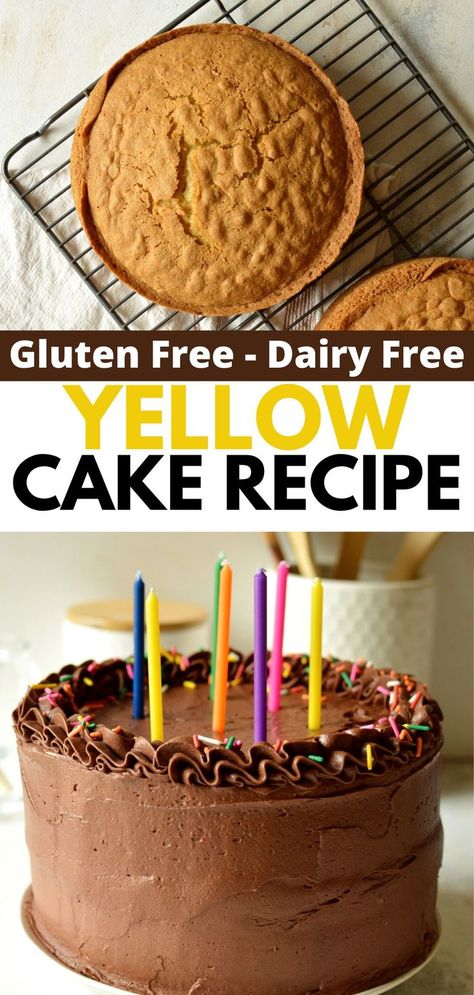 two baked cakes on a wire rack, chocolate frosted cake Dairy Free Yellow Cake Recipe, Gluten Free Yellow Cake Recipe, Gluten Free Birthday Cake Recipe, Dairy Free Birthday Cake, Gluten Free Yellow Cake, Gluten Free Birthday Cake, Gluten Free Dairy Free Dessert, Dairy Free Frosting, Yellow Cake Recipe