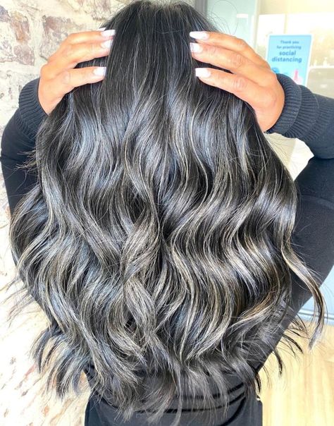 Silver and Gold Highlights for Black Hair Grey Highlights On Black Hair, Highlights For Gray Hair, Gray Hair Extensions, Black And Silver Hair, Highlights On Black Hair, Gray Highlights, Platinum Hair Color, Gray Balayage, Platinum Highlights