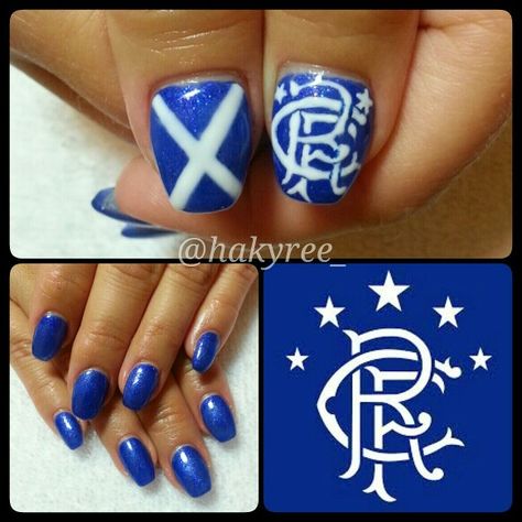 Scottish Pride! Royal Blue with hand painted Glasgow Rangers football club logo and Scottish Flag on the thumbs in memory of her father ♥ sculpted squaletto gel nails set ♥ Follow me on Instagram @hakyree_ Scottish Nails, Football Nail Art, Rangers Football Club, Football Club Logo, Football Nails, Scottish Pride, Glasgow Rangers Football, Scottish Flag, Gel Nail Set