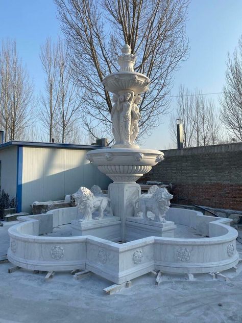 BEAUTIFUL CARVED LION MARBLE ESTATE FOUNTAIN - JX1000 #fromeuropetoyou #ArtNouveauBaroqueRococo Lion Water Fountain, French Fountain Garden, Rectangular Fountain, Estate Fountain, Baroque Fountain, Ship Wheel Decor, Event Building, Patio Table Plans, Yard Water Fountains