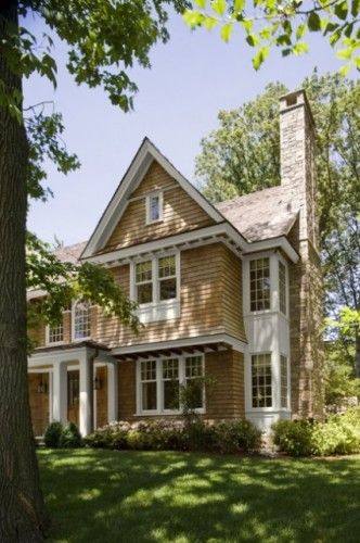 Nice coastal Shingle style.  shingle siding, white bump-out, stone chimney Shingle Style Architecture, Shingle House, Victorian Exterior, Shingle Style Homes, Shingle Siding, Shingle Exterior, Wood Shingles, Cedar Shingles, Traditional Exterior