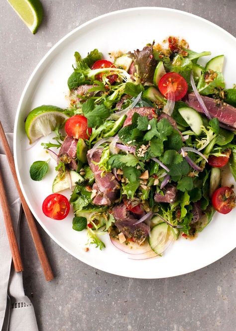 Thai Beef Salad (Restaurant Style) - one little change to the usual recipe to make a restaurant quality Thai Beef Salad Thai Salad Dressing, Thai Beef Salad Recipe, Thai Beef Salad, Thai Salad, Thai Beef, Thai Salads, Recipetin Eats, Beef Salad, Quinoa Salad Recipes