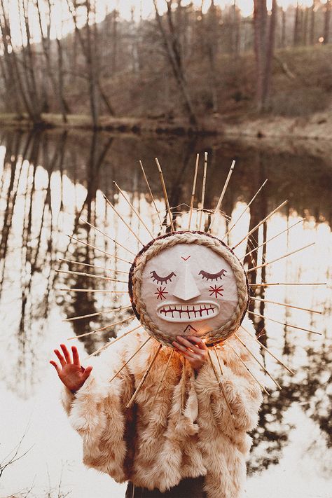 Costumes || Pagan tradition || Pagan aesthetics || Pagan photoshoot || Fairytale photoshoot || Folklore || Folk art || Creepy creatures || Forest creatures || Midwinter || Winter solstice || Mask || Primitive mask || Mummers || Moon mask || Sun || Moon costume || Sun costume || Forest creature Winter Solstice Clothing, Folk Horror Costume, Moon And Sun Mask, Slavic Paganism Aesthetic, Full Moon Costume, Sun Moon Costume, Folk Horror Aesthetic, Samhain Costume, Yule Costume