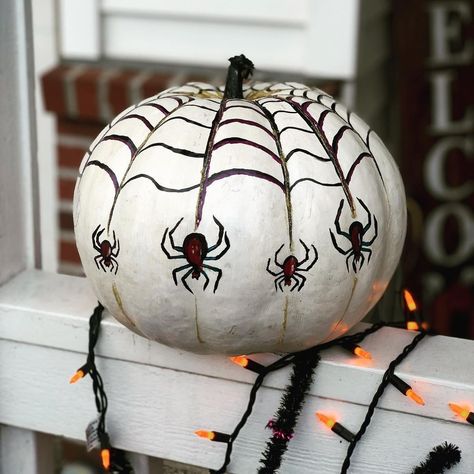 Pumpkin Painting Ideas Spiderweb, Pumpkin Painting Ideas On White Pumpkin, Spiderweb Painted Pumpkin, Devil Pumpkin Painting, Gothic Pumpkin Painting, Little White Pumpkin Painting Ideas, Painted Pumpkins Spider, Pumpkin Painting Ideas For Halloween, Plastic Pumpkin Painting Ideas