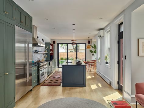 Fishtown Row - Transitional - Kitchen - Philadelphia - by Wyant Architecture | Houzz Open Galley Kitchen With Island, Long Kitchen Layout, Wide Galley Kitchen, Galley Kitchen With Island, Open Galley Kitchen, Outdoor Extension, Kitchen With Island, Long Kitchen, Galley Kitchen