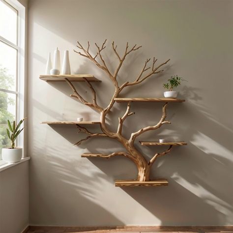 Tree bookshelf wooden bookshelf for wall are made from solid wood and natural driftwood branches, the driftwood branches are found on high rocky mountain tops, we have selected the most beautiful driftwood branches to bring you a space close to nature to help your room become warmer than ever Our branches tree bookshelf on wall are guaranteed to be termite and mold-free, because it is also applicable in fish tank decoration, so when choosing this driftwood to make the tree bookshelf, it will be Tree Branch Towel Rack, Wooden Floating Bookshelves, Tree Shelf Bookshelves, Wavy Floating Shelves, Wooden Shelves Bedroom, Shelf Design Living Room, Kangaroo Nursery, Wooden Shelf Decor, Tree Design On Wall