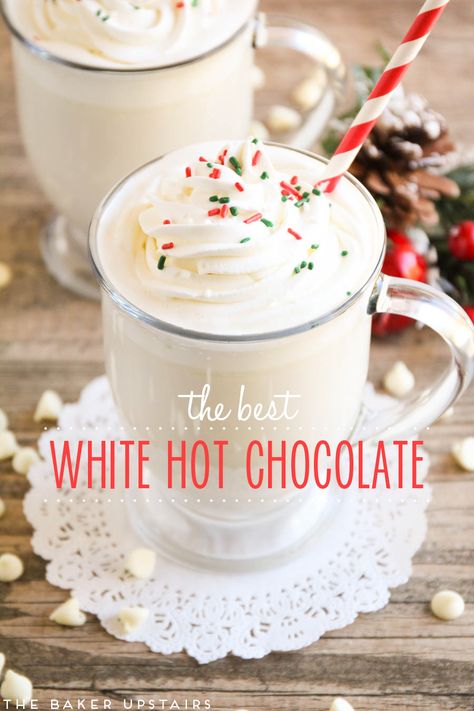 This homemade white hot chocolate is velvety smooth and so rich and delicious! from @bakerupstairs White Hot Chocolate Recipe, Hot Chocolate Recipe, White Hot Chocolate, Chocolate Recipe, Chocolate Caliente, Hot Chocolate Bars, Winter Drinks, Hot Chocolate Recipes, Chocolate Drinks