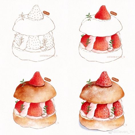 Watercolor Food Illustration, Desserts Drawing, Book Cupcakes, Food Art Painting, Cake Drawing, Sweet Drawings, Flower Drawing Tutorials, Food Artwork, Food Sketch