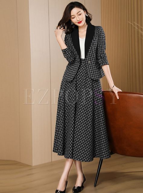 Formal Chic Dress, Formal Skirts Long, Tweed Blazer Skirt Outfit, Women's Blazer Outfit, Tweed Long Dress, Suit And Skirt For Women, Formal Long Skirt Outfit, Long Skirt Outfits Formal, Formal Two Piece Outfits