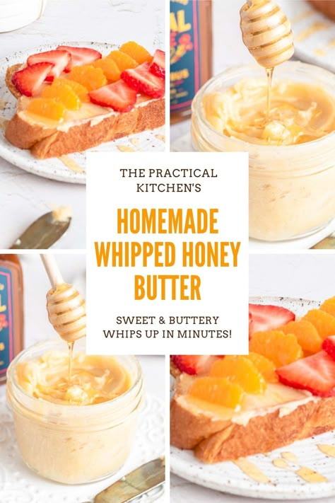 homemade whipped honey butter. Toast With Fruit, Whipped Honey Butter, Honey Butter Biscuits, Homemade Honey Butter, Flavored Butter Recipes, Butter Recipes Homemade, Butter At Home, Honey Butter Recipe, Blueberry Bagel