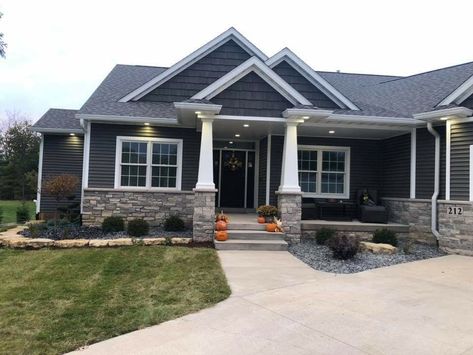 House Siding With Brick, Exterior House Siding Color Combinations, Grey Siding And Brick House Exterior, Grey Houses With White Trim, House Exterior Grey, Gray House With Rock Exterior, Gray And Stone House Exterior, Dark Gray Siding With White Trim, Gray House With Stone Accent