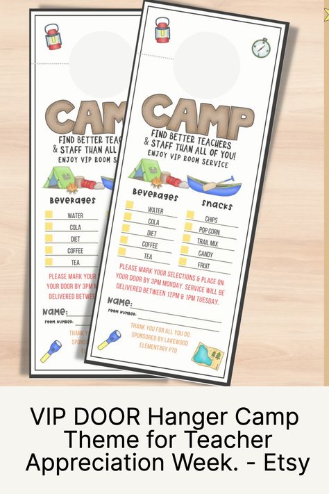 Camp theme room service door hanger for teacher appreciation week. Teacher appreciation template. Camping Teacher Appreciation Week, Teacher Appreciation Camping Theme, Teacher Appreciation Room Service, Camp Theme Room, Teacher Appreciation Template, Parent Council, Appreciation Themes, Appreciation Template, Teacher Appreciation Themes