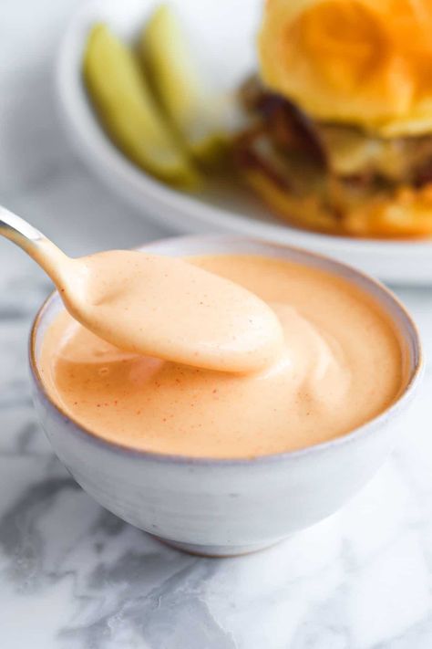 Our homemade burger sauce recipe is super simple and makes the most delicious, tangy, creamy sauce perfect for burgers! I bet you already have everything you need in your […] Sweet Burger Sauce, Hamburger Sauce Recipes, Spicy Burger Sauce, Homemade Burger Sauce, Burger Sauce Recipe, Sweet Burger, Balsamic Pork Chops, Hamburger Sauce, Inspired Taste