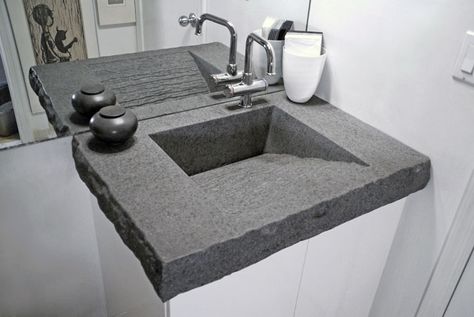 Master baths, powder rooms and the kids' bathroom have all become home to the beauty, innovation and imagination of concrete countertops. Concrete countertops is shaped to include the sink. Diy Concrete Vanity, Concrete Bathroom Countertops, Diy Concrete Sink, Concrete Bathroom Vanity, Diy Bathroom Sink, Countertop Concrete, Concrete Vanity Top, Concrete Bathroom Sink, Countertops Black