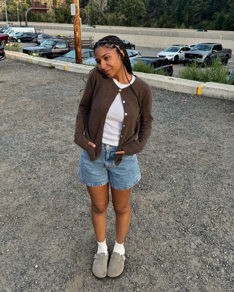 Dinner in CO!! ⛰️ Cardigan: quince *gifted Shorts: Abercrombie Shoes: target #falloutfit #outfitideas #summertofall #falltransition #outfitinspiration #outfitideas #clogs #cardigan #chocolatebrown #coloradostyle Fits With Boston Clogs, Clog Slides Outfit, Chaco Paonia Clog Outfit, Mocha Clogs Outfit, Jean Shorts And Sweater Outfit, Birken Stock Clogs Outfit, Coaches Outfit, Dark Brown Clogs Outfit, How To Style Clogs Outfit