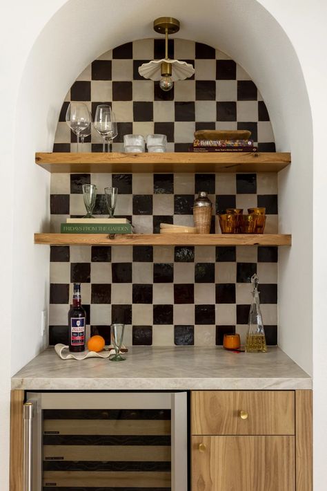 Tile Floating Shelves, 50s Inspired Interior Design, Event Space Kitchenette, Fun Tile Kitchen, Tiled Dresser Top, Funky Decor Ideas, Black And White Retro Kitchen, Checkerboard Kitchen Tile, Colorful Small Kitchen Ideas