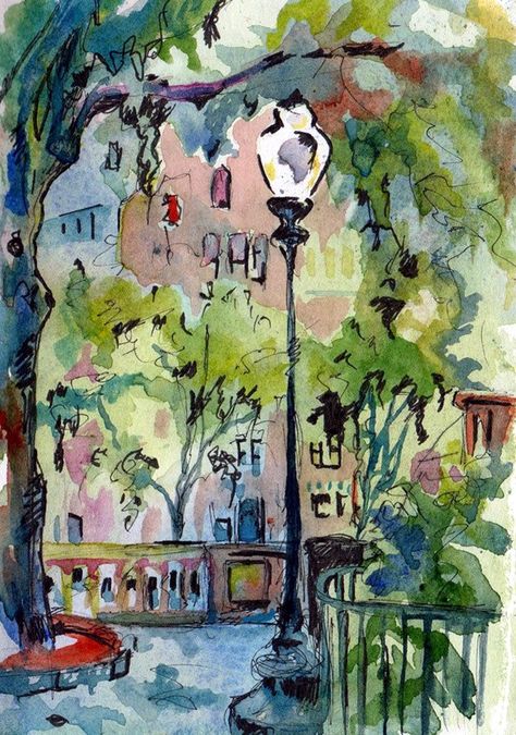 Ink painting Ideas For Inspiration (45) Lukisan Lanskap, Scene Art, 수채화 그림, City Park, Alcohol Ink Painting, Urban Sketchers, Art Et Illustration, Alcohol Ink Art, Original Landscape Painting