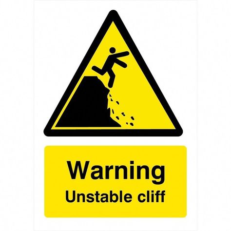 Ensure safety in any environment with our Warning Unstable Cliff Sign. This hazard warning sign, compliant with ISO7010, features a black pictogram inside a yellow triangle with a black border. Get your hands on this high-quality sign and prioritize safety with British-made products. Shop now at The Sign Shed. Safety Signs And Symbols, Fall Risk, Yellow Sign, Sign Materials, Warning Sign, Text Background, Colour Yellow, Warning Signs, What Type