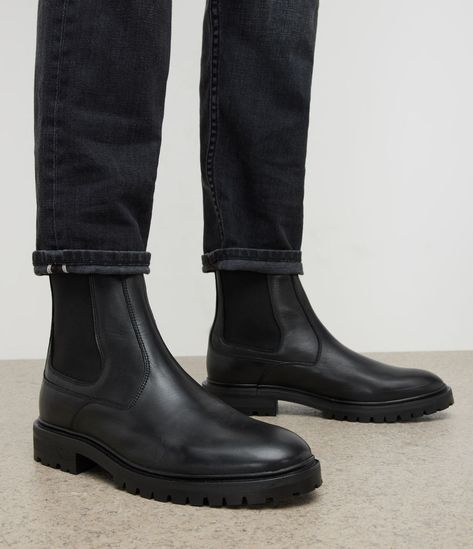 ALLSAINTS UK: Mens Melos Leather Chelsea Boots (black) Chealse Boots Outfit, Black Chelsea Boots Men Outfit, Mens Black Chelsea Boots, Doc Martens Chelsea Boot, Doc Marten Chelsea, Luxury Classic Men's Chelsea Boots, Shiny Black Chelsea Boots Men, Luxury Men's High-top Chelsea Boots, Luxury Men's Semi-formal Chelsea Boots