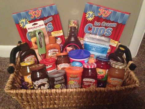 Ice Cream Gift Basket Ideas, Ice Cream Gift Basket, Tricky Tray Baskets, Fall Basket Ideas, Raffle Gift Basket Ideas, Silent Auction Basket, Tricky Tray, Auction Gift Basket Ideas, Chinese Auction