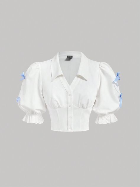 White Casual Collar Short Sleeve Woven Fabric Plain Shirt Embellished Non-Stretch  Women Clothing Blue Ribbon Bow, Clothing Guide, Ribbon Shirt, Split Sleeve, Black Prom Dress, Band Shirt, Plain Shirt, Women Blouses, Plain Shirts