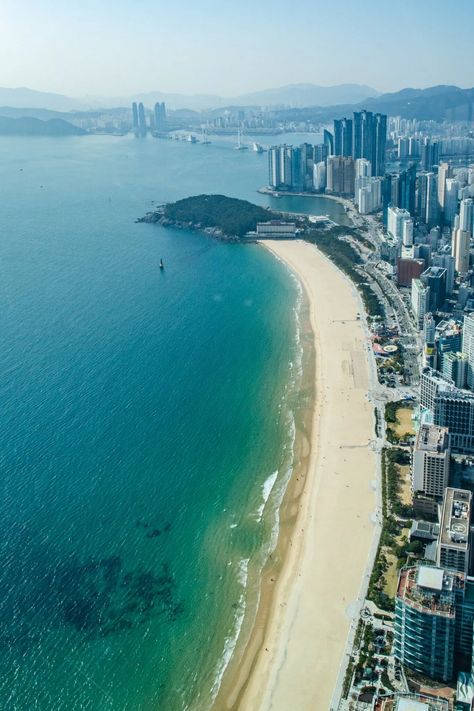 View of Haeundae Beach from Busan X the SKY South Korea Famous Places, Busan Haeundae Beach, Beaches In South Korea, Busan South Korea Beach, Busan Beach Aesthetic, South Korea Pics, South Korea Beach, Korea Moodboard, Haeundae Beach Busan