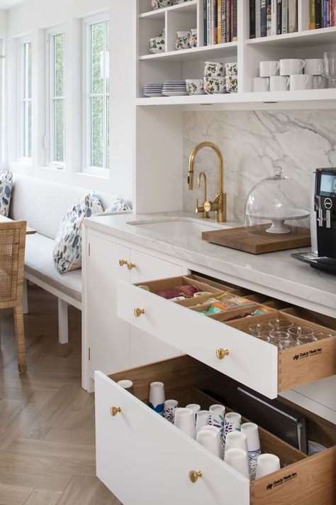 kitchen storage drawer Barista Station, Chic Coffee Bar, Built In Coffee Bar, Home Barista, Victorian Era Homes, Inset Cabinetry, Coffee Station Kitchen, Giverny France, Bed Nook