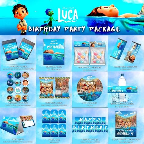 Luca Birthday Package Luca Party for boy Luca Birthday | Etsy Luca Birthday Party Ideas, Luca Cartoon, Luca Party, Luca Birthday, Luca Disney, Candy Bag Toppers, 1st Birthday Signs, Birthday Package, 2nd Birthday Party For Boys