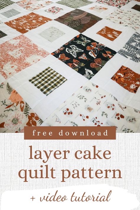 Download this free layer cake quilt pattern and sew up those layer cakes you have collecting dust in your fabric stash. With one layer cake and two yards of background fabric you can make this quilt in an afternoon. Sew along with me using the video tutorial! Layer Cake Lattice Quilt Pattern, Fabric Roll Quilt Patterns, Throw Sized Quilt Pattern, Simple Layer Cake Quilt Pattern, California King Quilt Pattern, Layer Cake Toss Quilt Pattern, Free Layer Cake Patterns, Layer Cake Quilt Pattern Free Tutorials, New Quilt Ideas