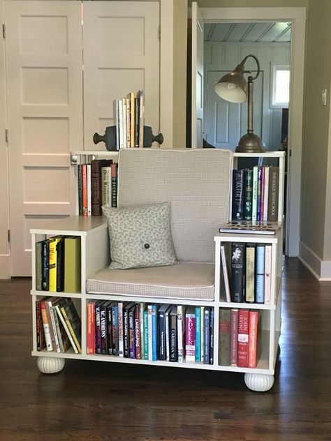 HomelySmart | 17 Mind Blowing Bookshelves You Need For Your Library - HomelySmart Bookshelf Chair Diy, Book Nook Chair, Bookshelf Chair, Reka Bentuk Dalaman, Beautiful Bookshelf, Diy Bookshelf, Bookshelf Plans, Cool Bookshelves, Bookshelf Design