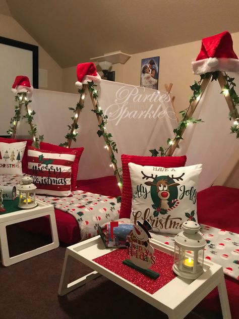 Christmas Sleepover Ideas For Adults, Sleepover Ideas For Adults, Christmas Sleepover Ideas, Christmas Sleepover, Sleepover Tents, Teepee Party, Christmas Party Themes, Kids Christmas Party, Christmas Birthday Party