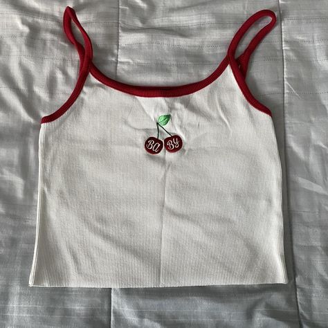 White tank top with red straps and a cherry... - Depop White Graphic Tank Top, Cherry Tank Top, Outfit Inso, White Cherries, Cherry On Top, Red Star, Lace Tank Top, Lace Tank, White Tank