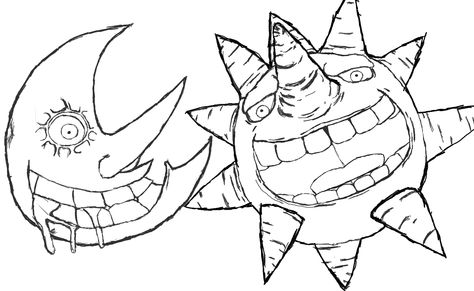 The sun and moon from Soul Eater, linework, uncolored. Soul Eater Tattoo Design, Sun And Moon Soul Eater Tattoo, Soul Eater Sun Tattoo, Soul Eater Drawings Easy, Soul Eater Doodles, Soul Eater Sun And Moon Tattoo, Soul Eater Painting, Soul Eater Black And White, Soul Eater Moon Tattoo