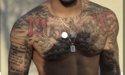 Red Ink Chest Tattoo Men, Cheat Pieces For Men Tattoo, Birth Year Chest Tattoo, Hood Chest Tattoos, Hood Chest Tattoo Men Ideas, Chest Piece Tattoos Mens Black, Name Chest Tattoos For Men, Cloud Chest Tattoo Men, Ball Is Life Tattoo