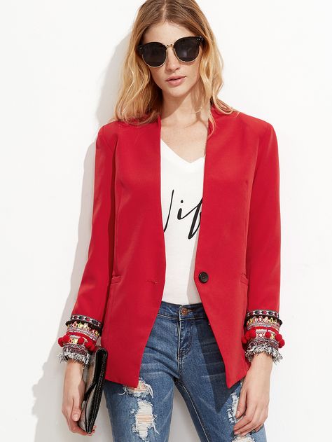 Blazer con bordado y un botón - rojo -Spanish SheIn(Sheinside) Red Blazer Outfit, Blazer And Dress, Womens Red Blazer, Kawaii Clothes Goth, Red Blazer Jacket, Wear To Work Dress, Outfit Collage, Red Blazer, Blazer Outfits