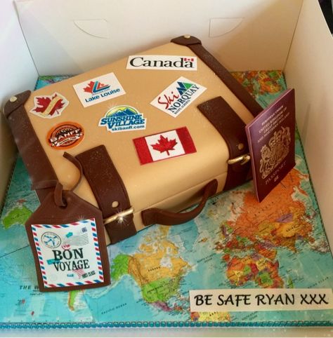 Canadian Bon Voyage Cake - For all your cake decorating supplies, please visit craftcompany.co.uk Bon Voyage Cake Canada, Bon Voyage Cake, Cake Serving Chart, Canada Party, Farewell Cake, Fire Cake, Leaving Party, Bon Voyage Party, Lake Louise Banff