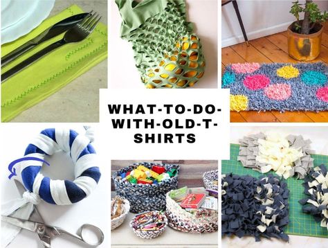 What to do with old t-shirts? Amazing t-shirt upcycling ideas Tee Shirt Crafts Upcycle, Old T Shirt Crafts Things To Make, T Shirt Reuse Ideas, Crafts With T Shirts, Tshirt Scrap Crafts, What To Make With Old T Shirts, Recycle Tshirt Ideas, T Shirt Scrap Projects, Reuse Old Clothes Diy Craft Ideas