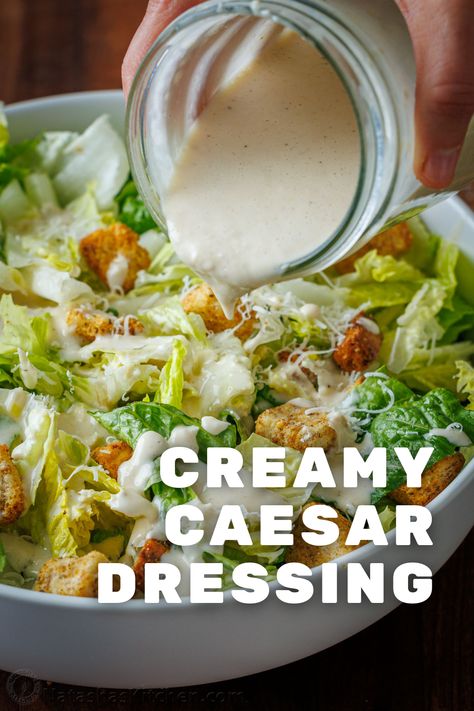 This homemade Caesar Dressing recipe is so easy to make. With just a handful of ingredients, you’ll create a creamy Caesar dressing that is better than storebought or restaurant versions. And guess what? There are no raw eggs required and anchovies are optional. Creamy Salad Dressings Homemade, Carrabbas House Salad Dressing, Cesar Salad Dressing With Anchovies, Ceasar Dressing Recipe Anchovy Paste, Easy Homemade Caesar Dressing, Authentic Caesar Salad Dressing, Ceaser Salad Dressing Recipe Homemade, No Anchovy Caesar Dressing, Diy Ceasar Dressing Easy