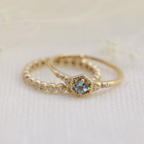 This antique-inspired hexagon ring features a 3mm genuine aquamarine, March's birthstone, set in recycled 14k solid gold.  Tiny natural diamonds add sparkle. The tapered band provides a delicate yet sturdy feel.  A raised center setting makes stacking easy. This unique piece is perfect as a birthday gift or alternative engagement ring.  Made-to-order with  3mm aquamarine and 0.03ctw natural accent diamonds. Engagement Rings Without Diamonds, Gold Band Engagement Rings, Small Engagement Rings, Diamond Alternative Engagement Ring, Hexagon Ring, March Birthstone Ring, Nature Inspired Engagement Ring, Heart Rings, Dainty Engagement Rings