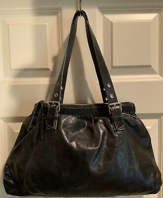 Kenneth Cole Black Leather Handbag Purse W Double Handles & Silver Hardware | eBay Black Vintage Bag, Big Purse Outfit, Black Purses And Handbags, Vintage Bag Aesthetic, Vintage Bags And Purses, Bag Shapes, Big Purse, Black Leather Handbag, Large Handbag