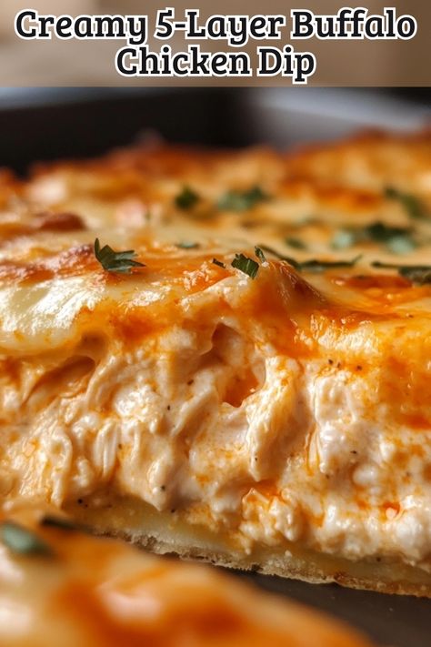 Creamy 5-Layer Buffalo Chicken Dip Recipe for Quick Parties! Cream Cheese And Chicken Dip, Layered Buffalo Chicken Dip Oven, Buffalo Chicken Dip Oven Recipes, Layered Buffalo Chicken Dip, Recipes Using Ranch Dressing, Gluten Free Buffalo Chicken Dip, Buffalo Chicken Dip With Ranch, Chicken Buffalo Dip Recipe, Chicken Buffalo Dip