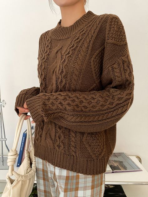 Coffee Brown Casual  Long Sleeve Acrylic Plain Pullovers Embellished Slight Stretch Fall/Winter Women Knitwear Brown Sweater Aesthetic, Knitted Jumper Outfit, Coffee Shots, Cable Knitwear, Brown Sweaters, Brown Jumper, Aran Knitting, Brown Clothing, Brown Knit Sweater