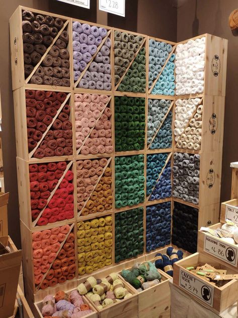 This Yarn Display My Wife Made At Work Organized Things, Yarn Display, Store Shelves Design, Sewing Materials, Perfectly Organized, Thread & Yarn, Yarn Store, Sewing Material, Collage Wall